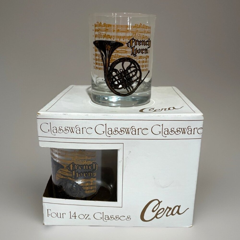 Vintage Cera Cassandra French Horn Glassware Rocks 14 Oz Musical Set of 4 NIB